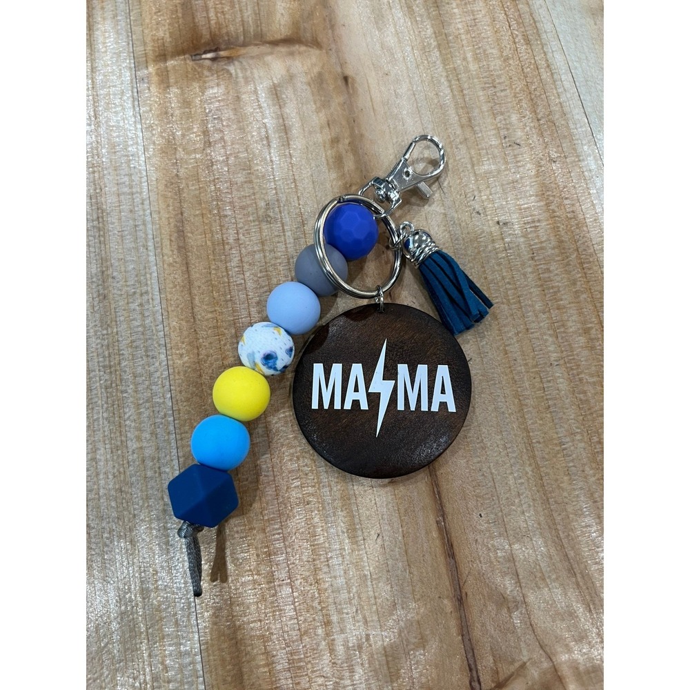 Mama Lightening Silicone Bead Lobster Clasp Keychain Purse Charm Wood